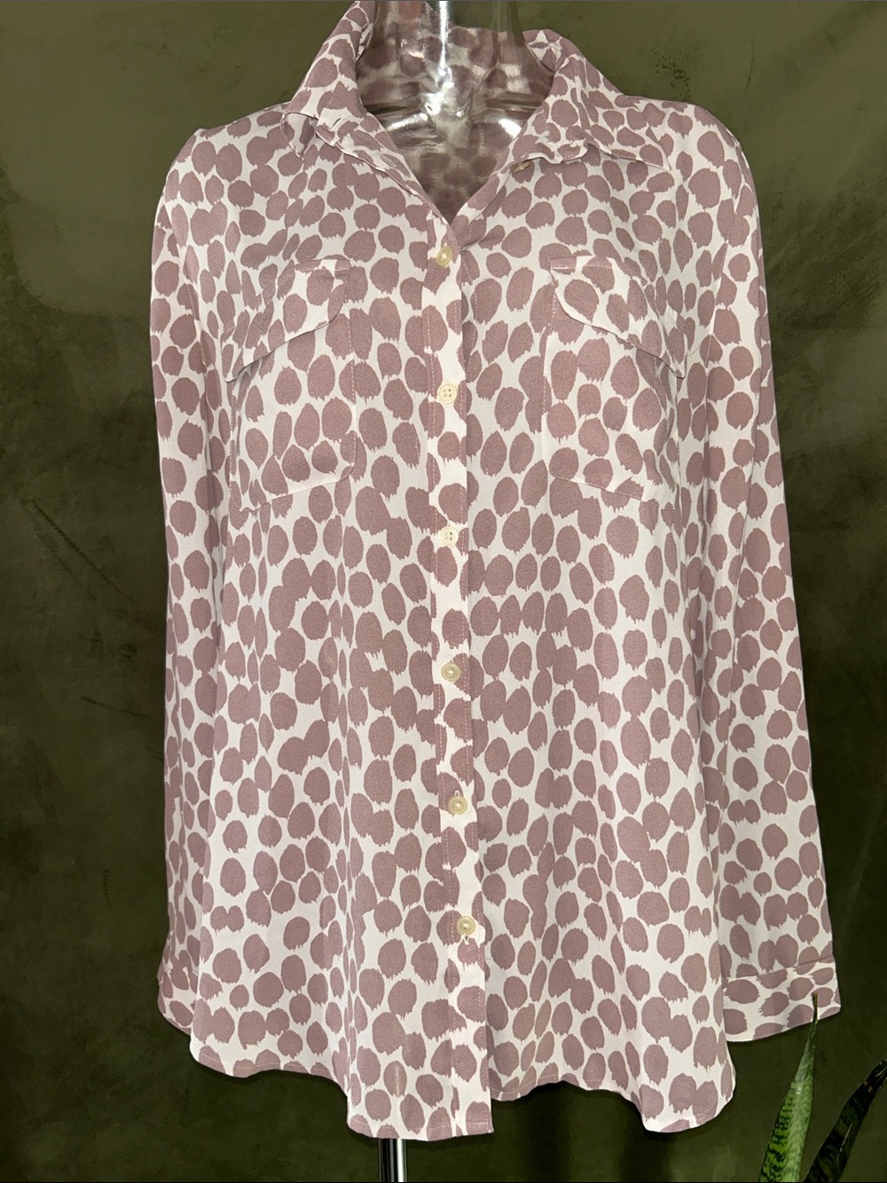 LOFT Mauve Dot Print Button-Front Blouse